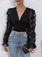 Load image into Gallery viewer, Ruched Plunge Mesh Long Sleeves Blouse