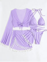 Load image into Gallery viewer, Halter Neck Bra, Bottom, Tassel Flare Sleeve Cover-Up and Skirt Four-Piece Swim Set