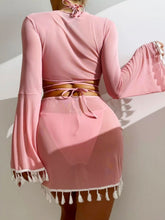 Load image into Gallery viewer, Halter Neck Bra, Bottom, Tassel Flare Sleeve Cover-Up and Skirt Four-Piece Swim Set