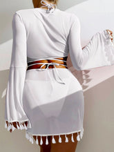 Load image into Gallery viewer, Halter Neck Bra, Bottom, Tassel Flare Sleeve Cover-Up and Skirt Four-Piece Swim Set