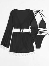 Load image into Gallery viewer, Halter Neck Bra, Bottom, Tassel Flare Sleeve Cover-Up and Skirt Four-Piece Swim Set