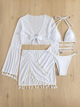 Load image into Gallery viewer, Halter Neck Bra, Bottom, Tassel Flare Sleeve Cover-Up and Skirt Four-Piece Swim Set