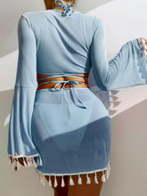 Load image into Gallery viewer, Halter Neck Bra, Bottom, Tassel Flare Sleeve Cover-Up and Skirt Four-Piece Swim Set