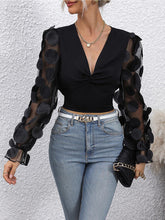 Load image into Gallery viewer, Ruched Plunge Mesh Long Sleeves Blouse