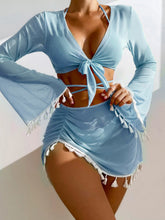 Load image into Gallery viewer, Halter Neck Bra, Bottom, Tassel Flare Sleeve Cover-Up and Skirt Four-Piece Swim Set