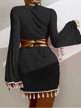 Load image into Gallery viewer, Halter Neck Bra, Bottom, Tassel Flare Sleeve Cover-Up and Skirt Four-Piece Swim Set