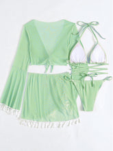 Load image into Gallery viewer, Halter Neck Bra, Bottom, Tassel Flare Sleeve Cover-Up and Skirt Four-Piece Swim Set