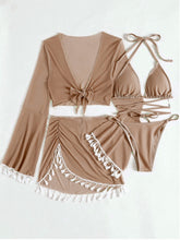 Load image into Gallery viewer, Halter Neck Bra, Bottom, Tassel Flare Sleeve Cover-Up and Skirt Four-Piece Swim Set