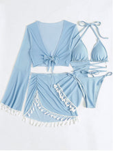 Load image into Gallery viewer, Halter Neck Bra, Bottom, Tassel Flare Sleeve Cover-Up and Skirt Four-Piece Swim Set