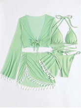 Load image into Gallery viewer, Halter Neck Bra, Bottom, Tassel Flare Sleeve Cover-Up and Skirt Four-Piece Swim Set