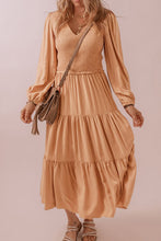 Load image into Gallery viewer, Smocked V-Neck Long Sleeve Tiered Dress