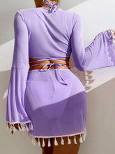 Load image into Gallery viewer, Halter Neck Bra, Bottom, Tassel Flare Sleeve Cover-Up and Skirt Four-Piece Swim Set