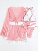Load image into Gallery viewer, Halter Neck Bra, Bottom, Tassel Flare Sleeve Cover-Up and Skirt Four-Piece Swim Set