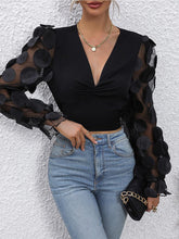 Load image into Gallery viewer, Ruched Plunge Mesh Long Sleeves Blouse