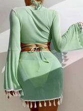 Load image into Gallery viewer, Halter Neck Bra, Bottom, Tassel Flare Sleeve Cover-Up and Skirt Four-Piece Swim Set