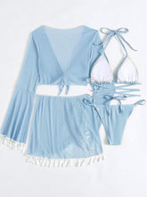 Load image into Gallery viewer, Halter Neck Bra, Bottom, Tassel Flare Sleeve Cover-Up and Skirt Four-Piece Swim Set
