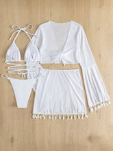 Load image into Gallery viewer, Halter Neck Bra, Bottom, Tassel Flare Sleeve Cover-Up and Skirt Four-Piece Swim Set
