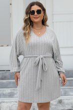 Load image into Gallery viewer, Plus Size Ribbed Tie Front Long Sleeve Sweater Dress
