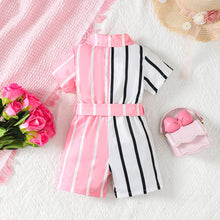 Load image into Gallery viewer, Striped Two-Tone Short Sleeve Tie Waist Romper
