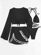 Load image into Gallery viewer, Halter Neck Bra, Bottom, Tassel Flare Sleeve Cover-Up and Skirt Four-Piece Swim Set
