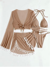 Load image into Gallery viewer, Halter Neck Bra, Bottom, Tassel Flare Sleeve Cover-Up and Skirt Four-Piece Swim Set
