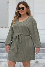 Load image into Gallery viewer, Plus Size Ribbed Tie Front Long Sleeve Sweater Dress
