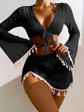 Load image into Gallery viewer, Halter Neck Bra, Bottom, Tassel Flare Sleeve Cover-Up and Skirt Four-Piece Swim Set
