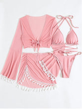 Load image into Gallery viewer, Halter Neck Bra, Bottom, Tassel Flare Sleeve Cover-Up and Skirt Four-Piece Swim Set
