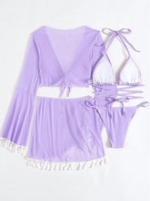 Load image into Gallery viewer, Halter Neck Bra, Bottom, Tassel Flare Sleeve Cover-Up and Skirt Four-Piece Swim Set
