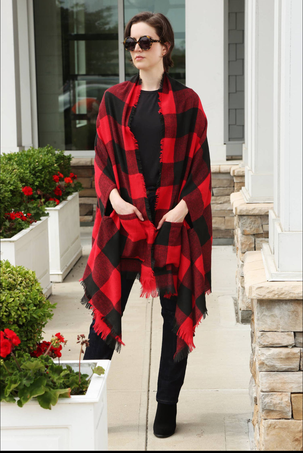 Buffalo Plaid Poncho w/t Pockets