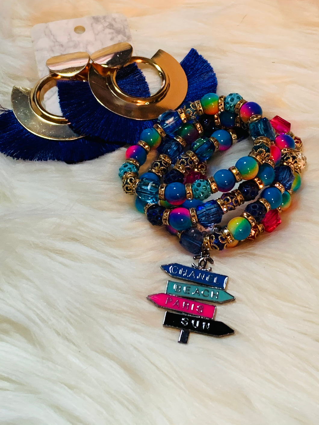 Cc inspired Glam Stack w/ Blue fringe Earrings